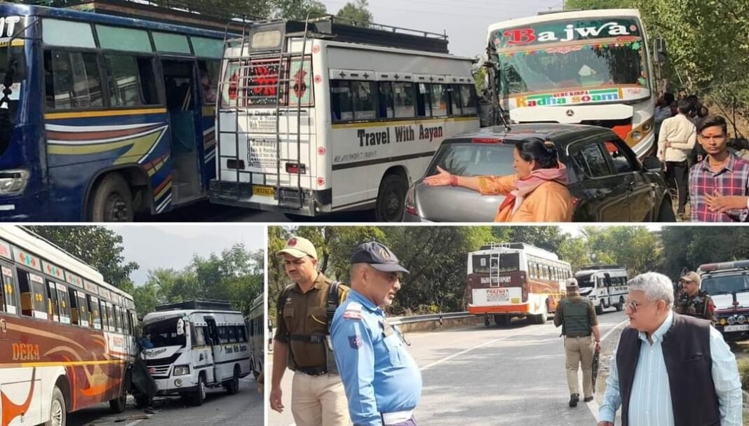 15 pilgrims who came for Mata Vaishno Devi Darshan injured as the bus in which they were travelling met with an accident near Simbal Chowk in Reasi
