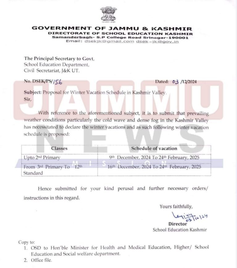 Director School Education proposes phased wise ‘Winter Vacation’ for schools in Kashmir Division