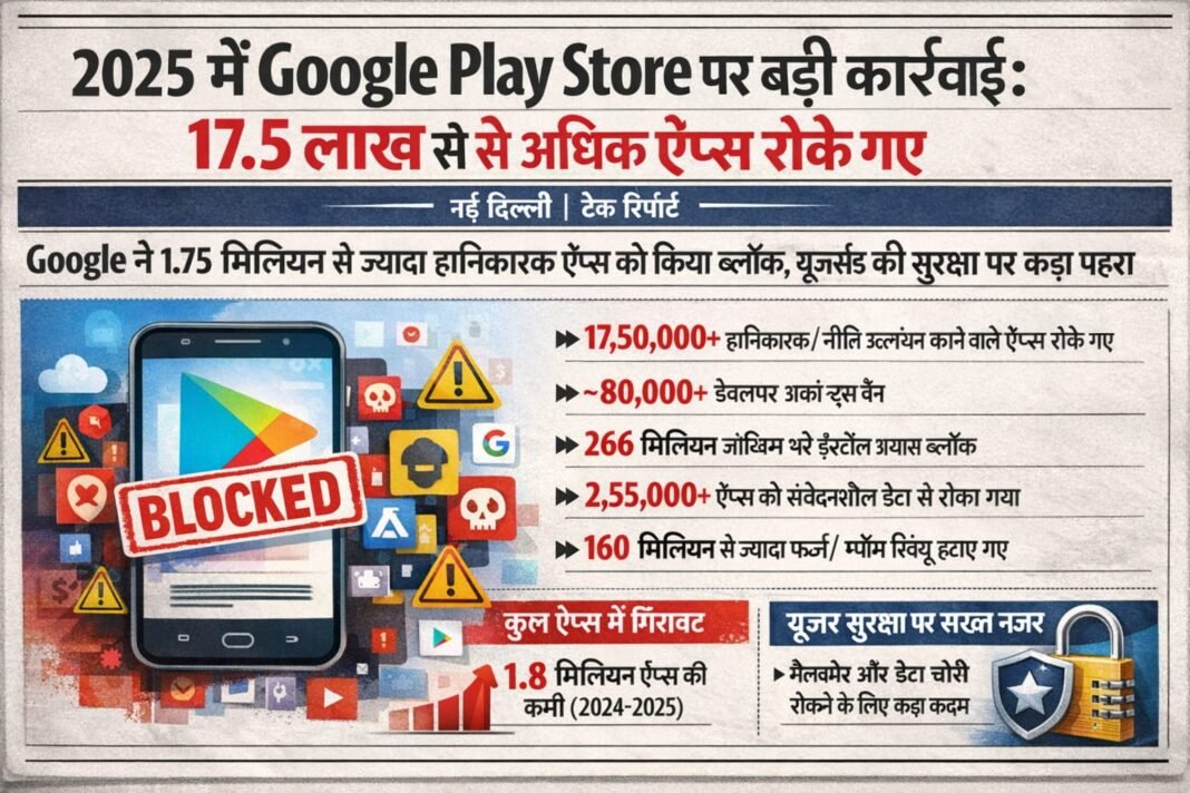 Google Play Store Takes Major Action in 2025: Over 1.75 Million Apps BlockedNew Delhi | Tech DeskGoogle took major action against security and policy violations on its platform, the Google Play Store, in 2025, blocking millions of suspicious and harmful apps. According to a recent company report, this move was taken to ensure user safety and data privacy.📱 Key Statistics (2025)Approximately 1,750,000+ (1.75 million) harmful/policy-violating apps→ Blocked before they were published on the Play Store.Approximately 80,000+ developer accounts banned→ Developers who violated the rules were removed from the platform.26.6 million (266 million) risky install attempts blocked→ Suspicious app installations were prevented from succeeding.255,000+ apps blocked from accessing sensitive data160 million+ fake/spam reviews removed📊 Decline in total number of appsAccording to reports, the total number of apps available on the Play Store decreased by approximately 1.8 million between 2024 and 2025. This indicates that the company has taken strict measures to remove outdated, inactive, or non-compliant apps.🔐 Focus on user safetyGoogle says these actions have been taken to protect users from malware, data theft, fake reviews, and other online fraud. The company has also indicated that AI-based monitoring and strict verification processes will be further strengthened in the future.