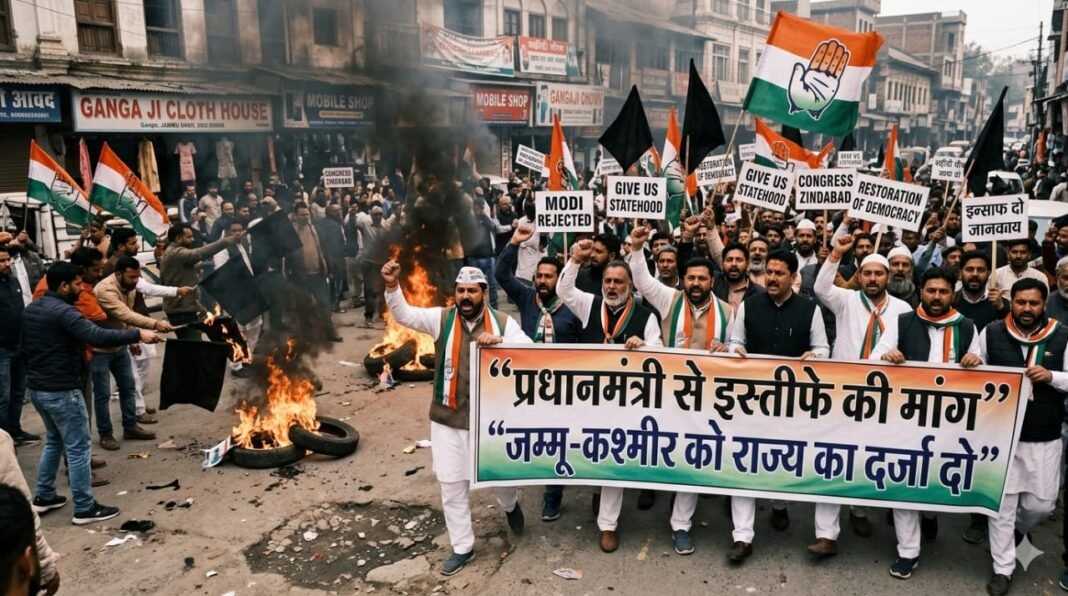 Congress staged a strong protest against the central government, demanding the Prime Minister’s resignation; calls were raised for the restoration of statehood to Jammu and Kashmir.
